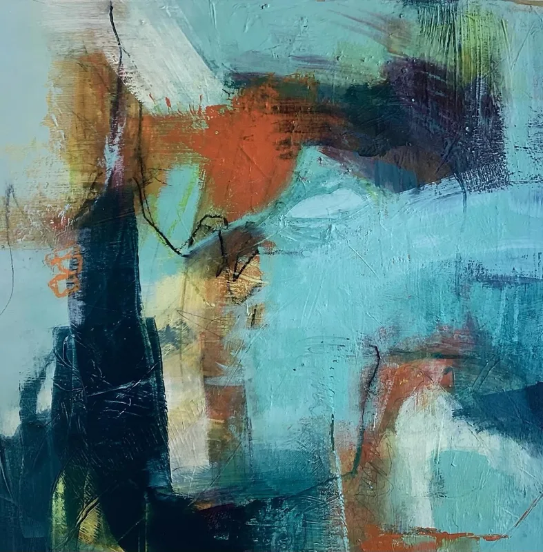 Turquoise and deep navy abstract painting with a burnt orange centre and cream scratched marks.