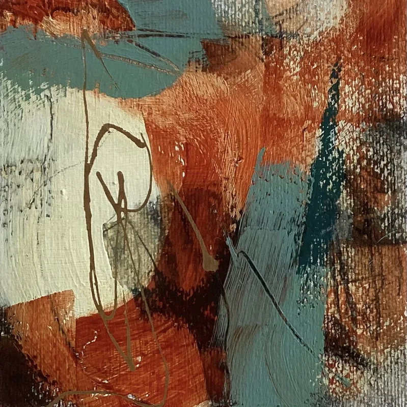 Burnt orange and teal abstract on visible canvas texture with a looping brown line.