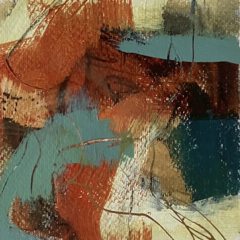 Orange abstract with teal blocks and scratched linear marks.