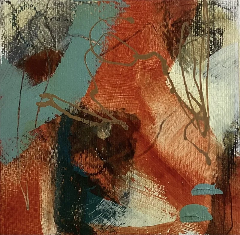 Rust orange and teal abstract with a dark brown mass at the lower left.