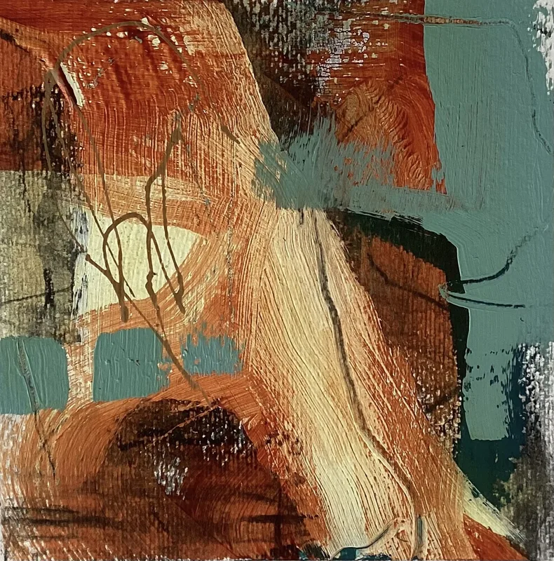 Orange abstract crossed by teal sweeps and a brushy diagonal.
