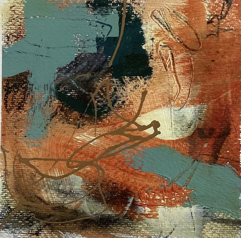 Teal upper band over rust orange, with a looping brown drawn line.