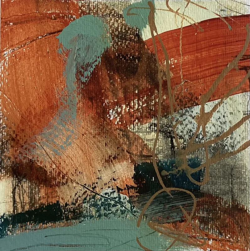 Dense rust orange over teal, with brown loops and raw canvas showing through.