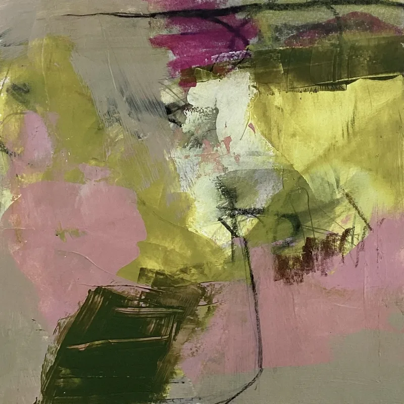 Olive green and dusty pink abstract with a dark olive block and thin ink lines.