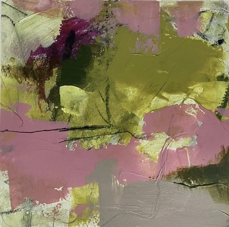 Olive green mass over dusty pink, with a magenta patch and a soft grey band.