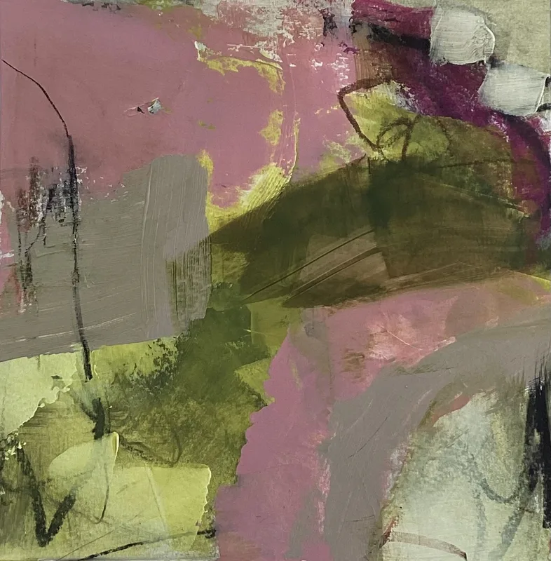 Dusty pink ground crossed by an olive diagonal, with magenta at the upper edge.