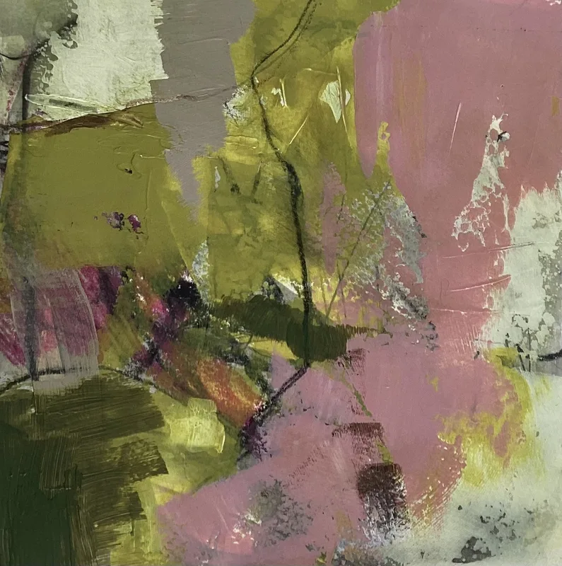 Olive and pink abstract with pale cream shapes and scattered magenta marks.