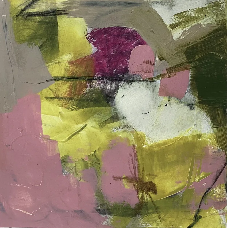 Pink and magenta abstract with chartreuse blocks and a pale circle to the right.