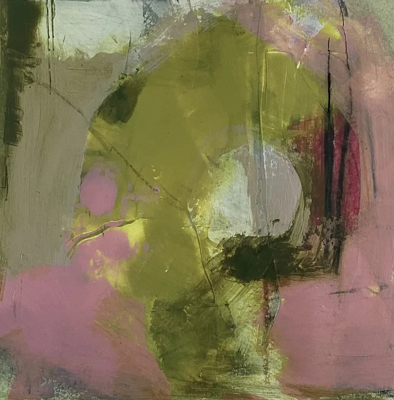 Soft grey-green ground with olive shapes, dusty pink and a faint pale circle.