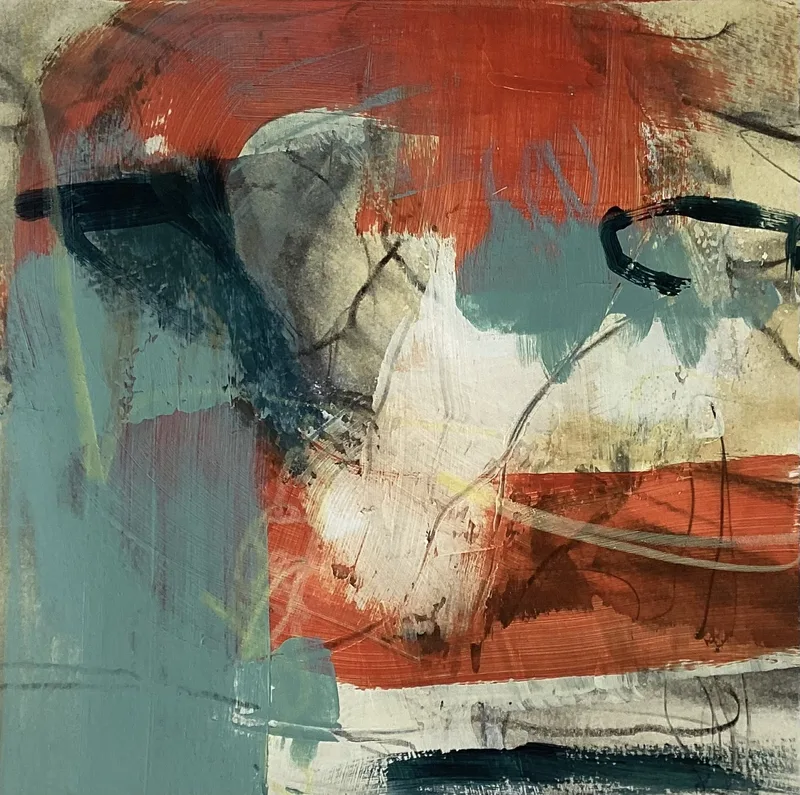 Sage green ground with a red-orange mass, cream shapes and black looping lines.