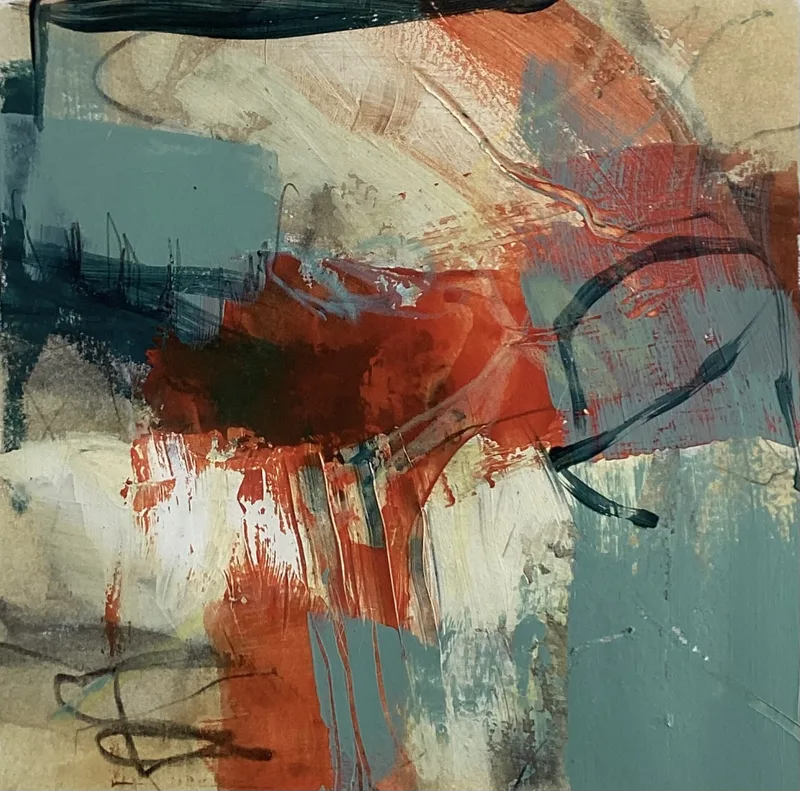 Teal green abstract with orange drips, cream passages and a black gestural loop.