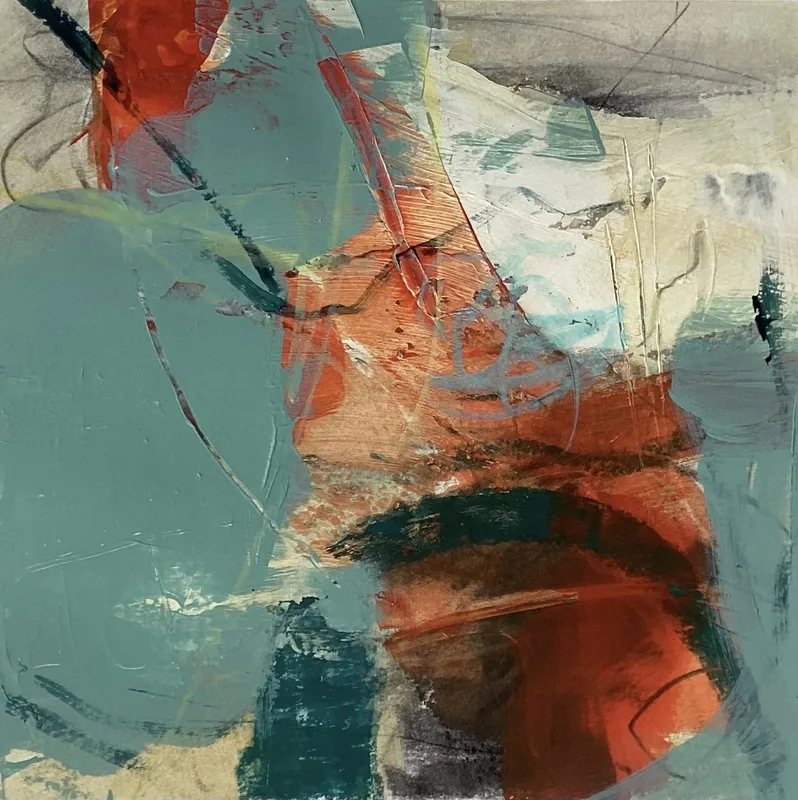 Sage green with a vertical red-orange form, a teal block and fine drawn lines.
