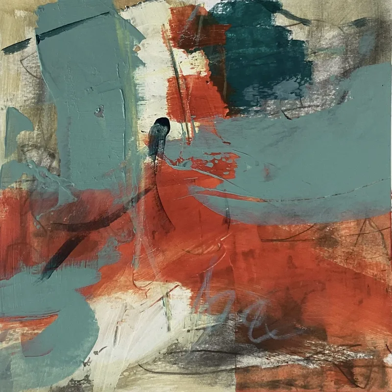 Teal and sage abstract with a horizontal orange band and a dark hooked mark.