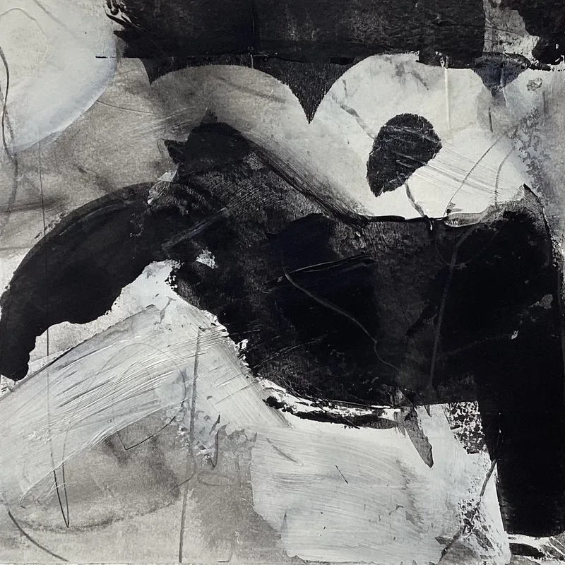 Black and white abstract with a heavy charcoal mass and fine graphite lines.