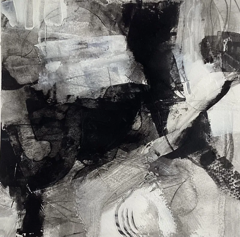 Dense black blocks against white, worked in charcoal on paper.