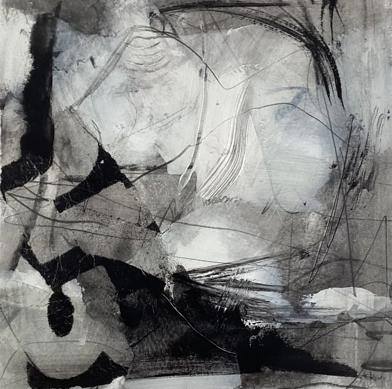 Sweeping charcoal arcs over white with loose graphite scribbles.