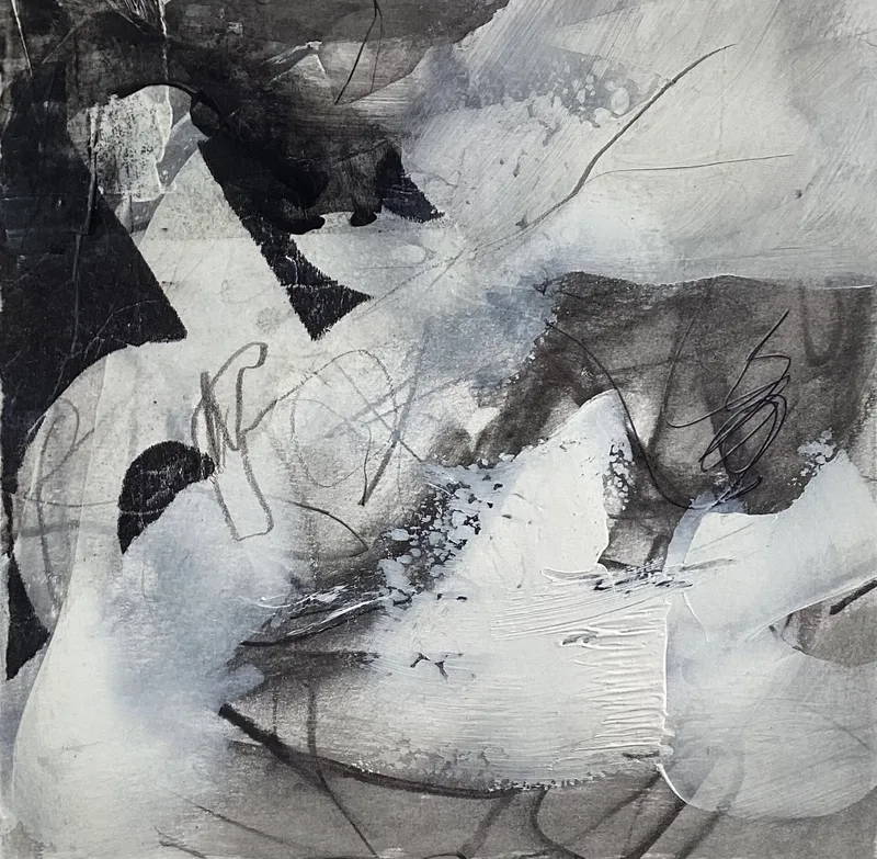 Soft grey washes with black shapes and white negative space.