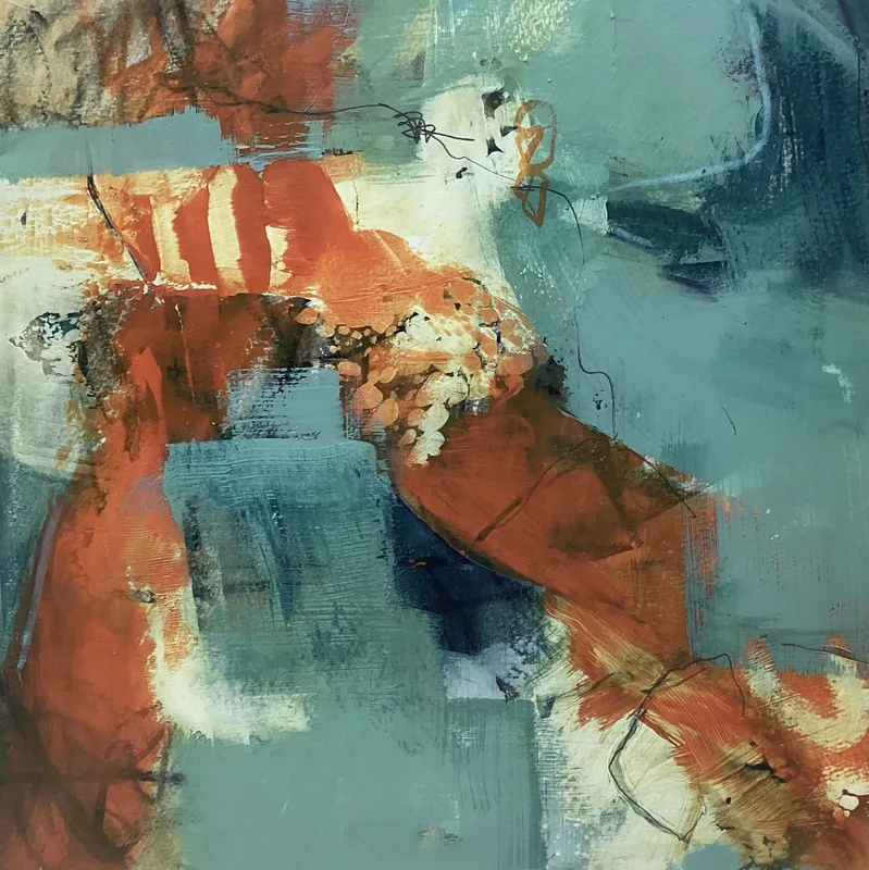 Teal and blue abstract with orange forms, deep navy and cream.