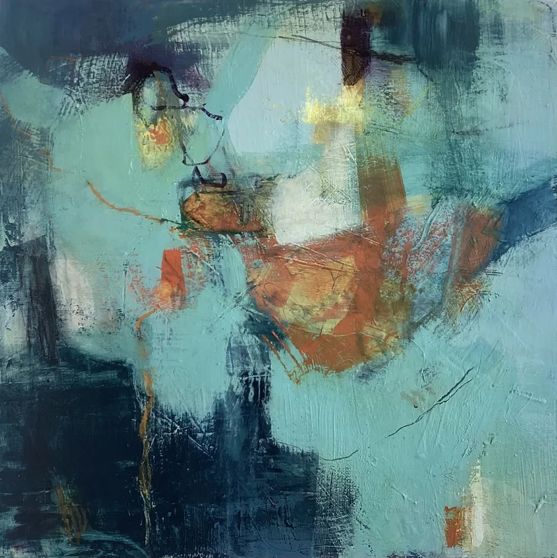 Pale turquoise abstract painting with a dark navy base, rust orange forms and fine scored lines.