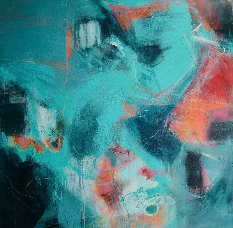 Mixed media on canvas, blue and orange hues